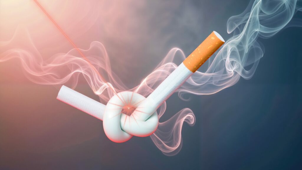 Cigarette touchée par un faisceau de laser symbolisant la méthode laser stop tabac pour arrêter de fumer naturellement
