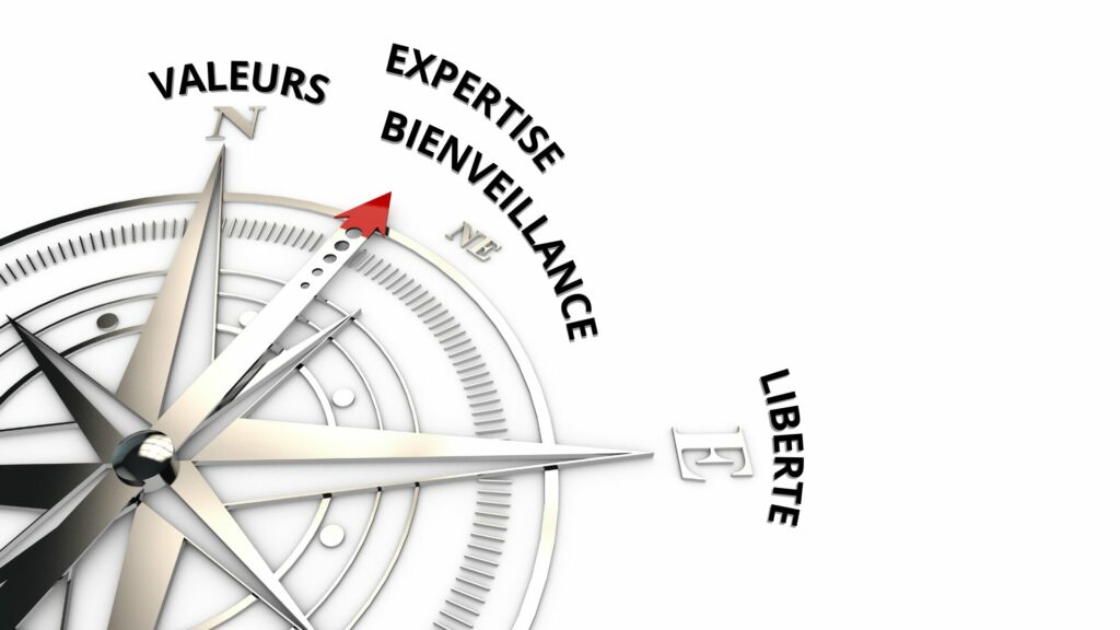 Boussole symbolisant l’orientation professionnelle et les valeurs de la franchise LaserAddict, guidant les franchisés vers la réussite grâce à l’accompagnement, l’innovation et l’engagement bien-être.